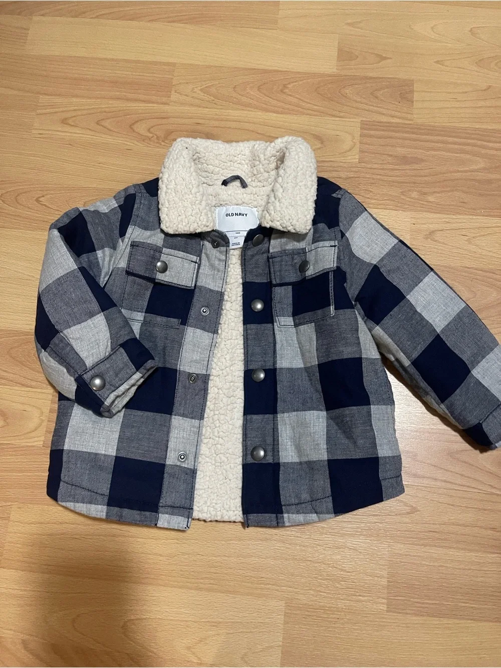 Old Navy Boys' Navy and Light Gray Plaid Sherpa-Lined Jacket